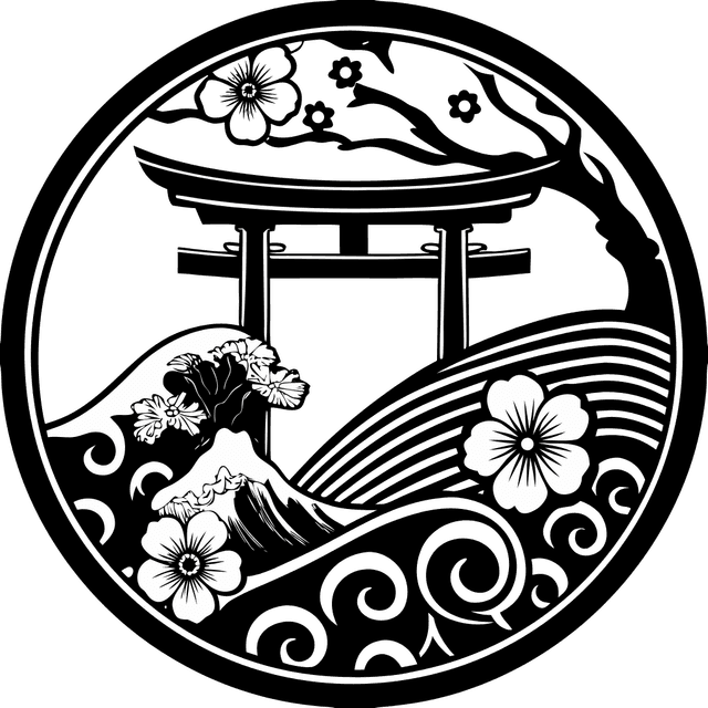 Ensho heritage emblem — torii, wave, blossom